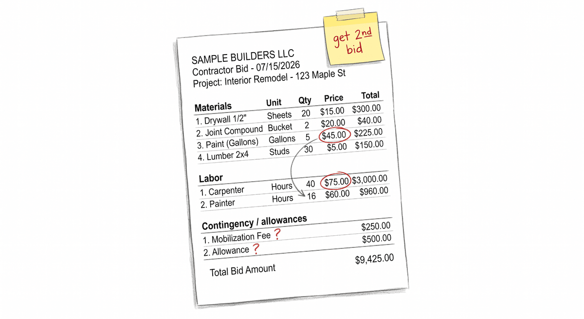 A contractor bid annotated in red pen, question marks beside vague fees, a sticky note on top reading 'get 2nd bid'.