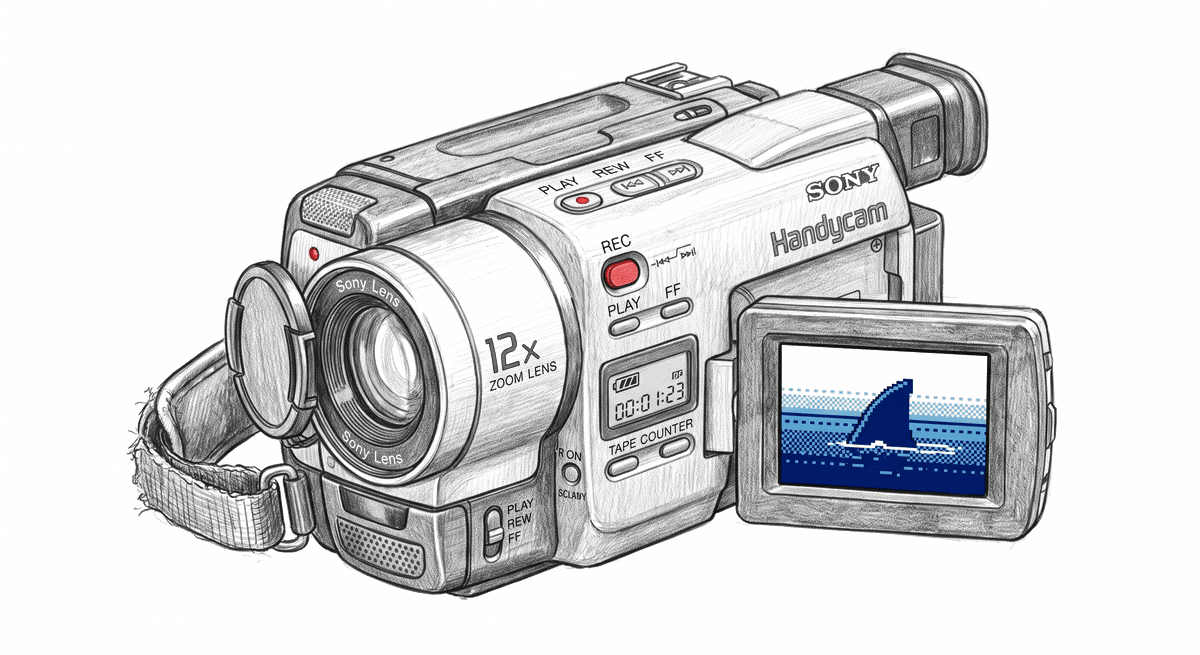 An early-1990s Sony Handycam with a tiny Jaws shark fin on its flip-out screen.