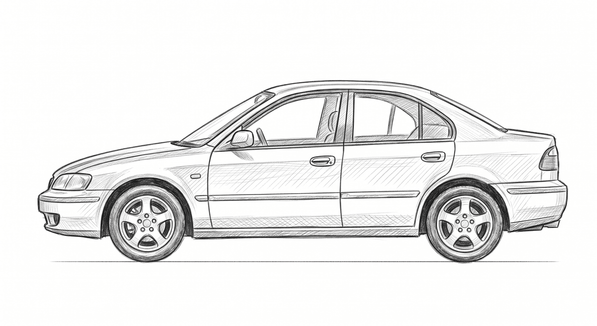Side view of a sedan with arrows marking six maintenance points: oil, coolant, air filter, brakes, battery, and tires.
