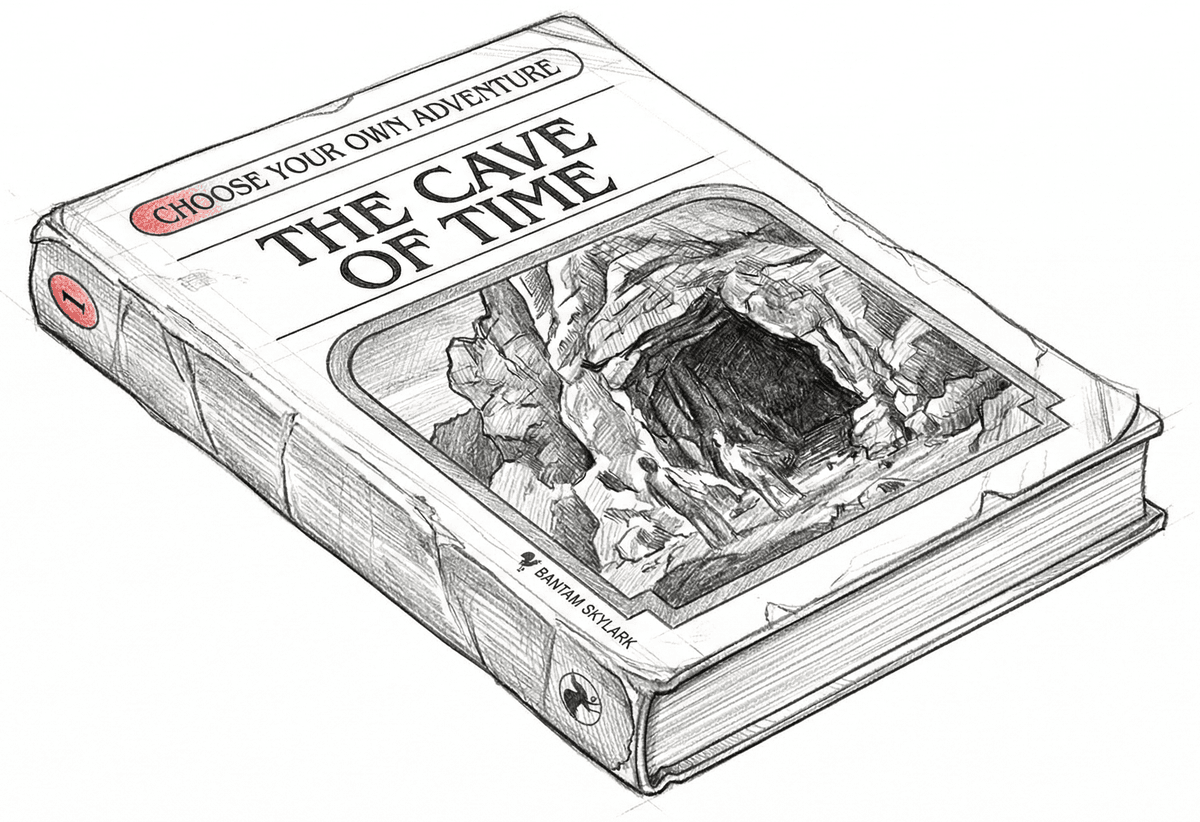 A hand-drawn Choose Your Own Adventure paperback titled "The Cave of Time", slightly worn.