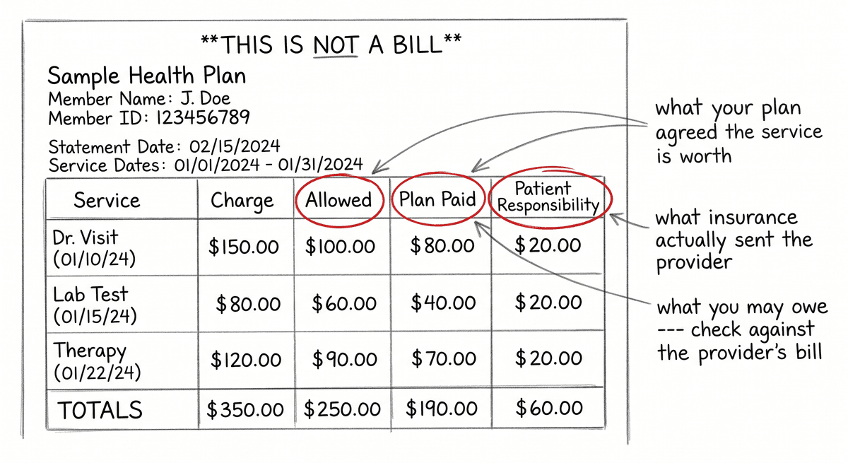 An Explanation of Benefits form with three fields circled and translated into plain language in the margin: allowed amount, plan paid, and patient responsibility.