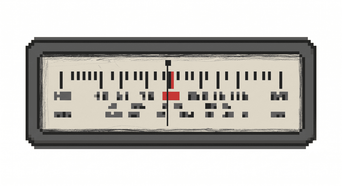 A vintage radio tuning dial with the needle centered precisely on a station mark.