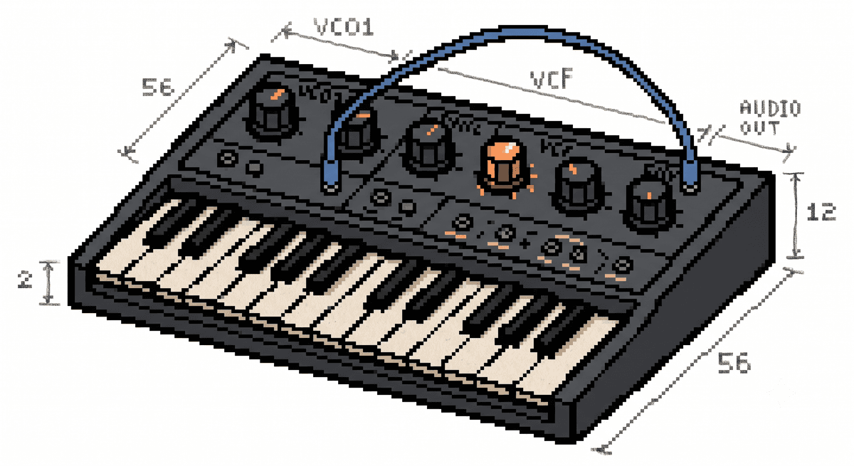 A small analog synthesizer keyboard with knobs and a patch cable.