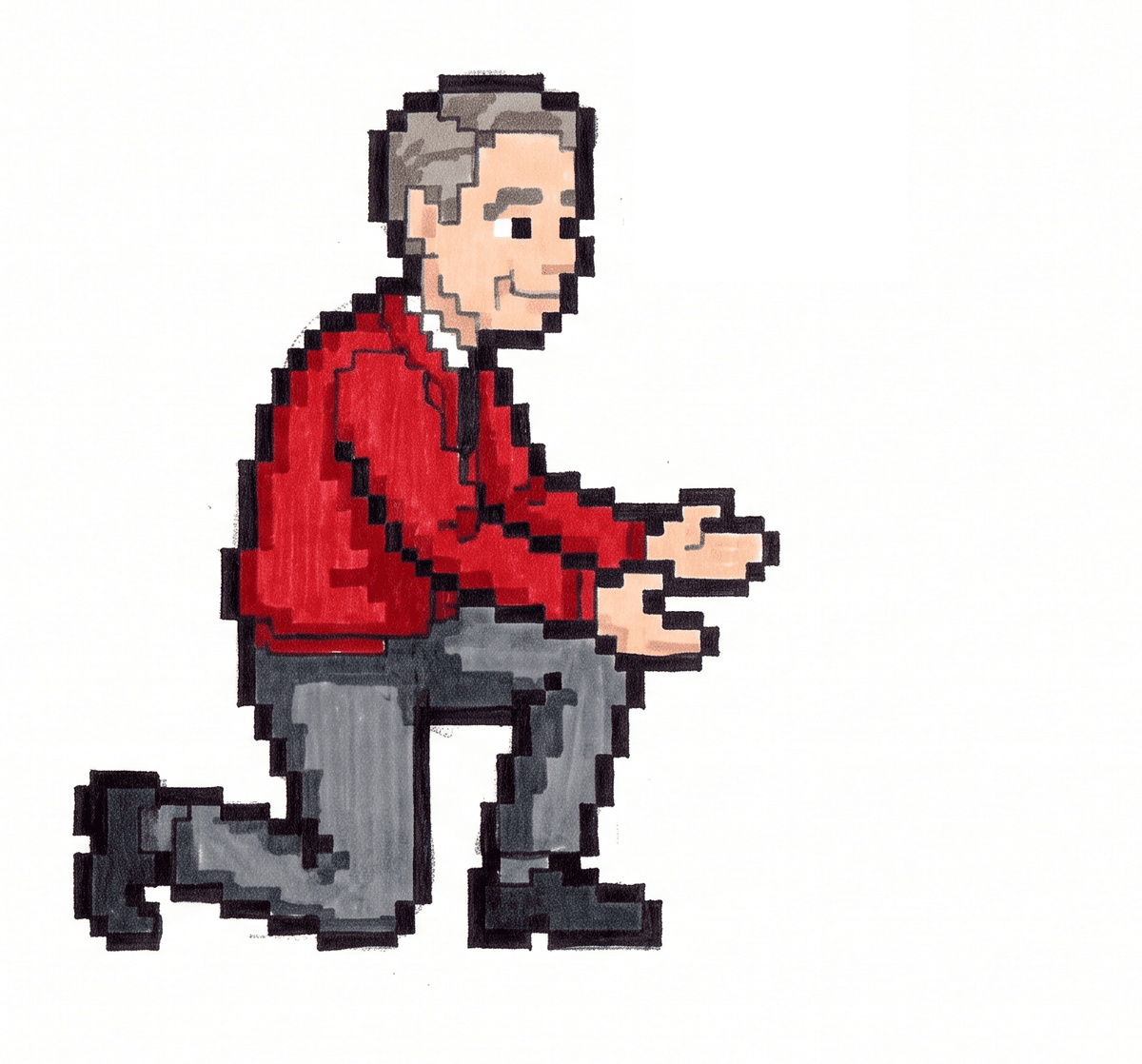 Mr. Rogers kneeling to eye level, speaking gently to someone just out of frame.
