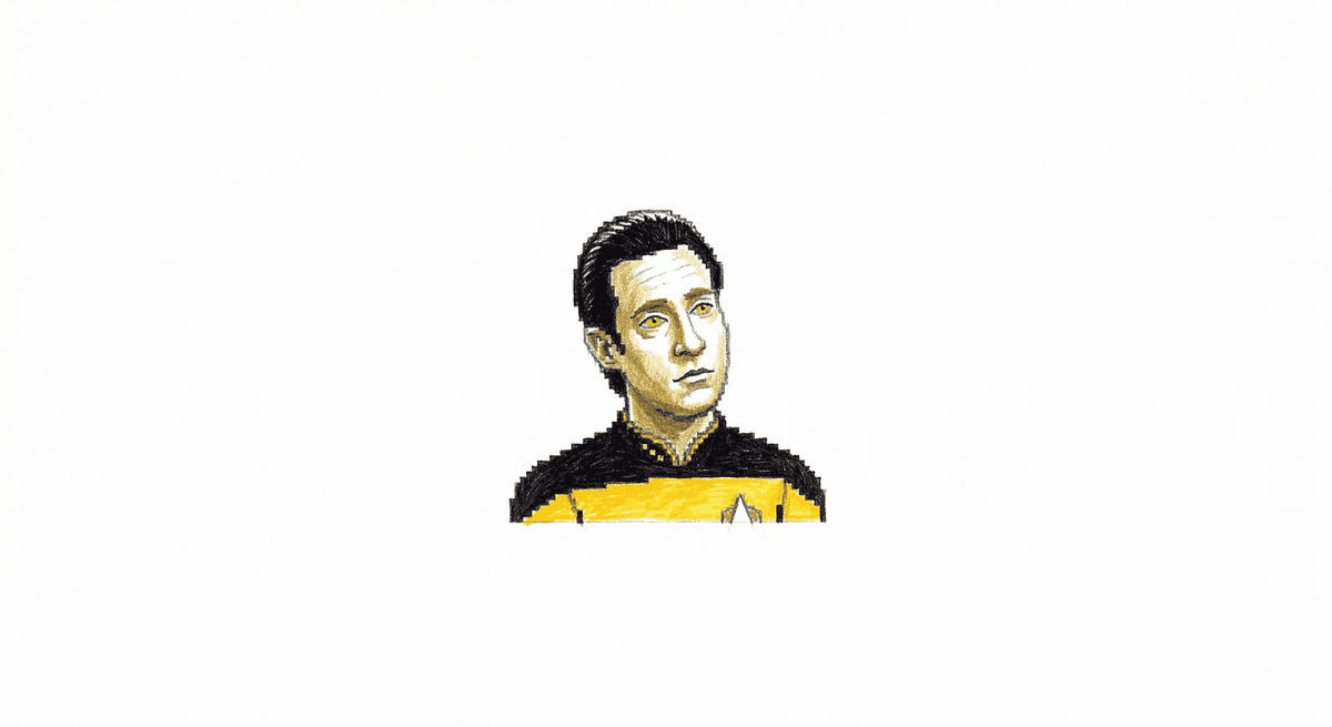 An 8-bit pixel art rendering of Data from TNG, head tilted slightly, asking a question.