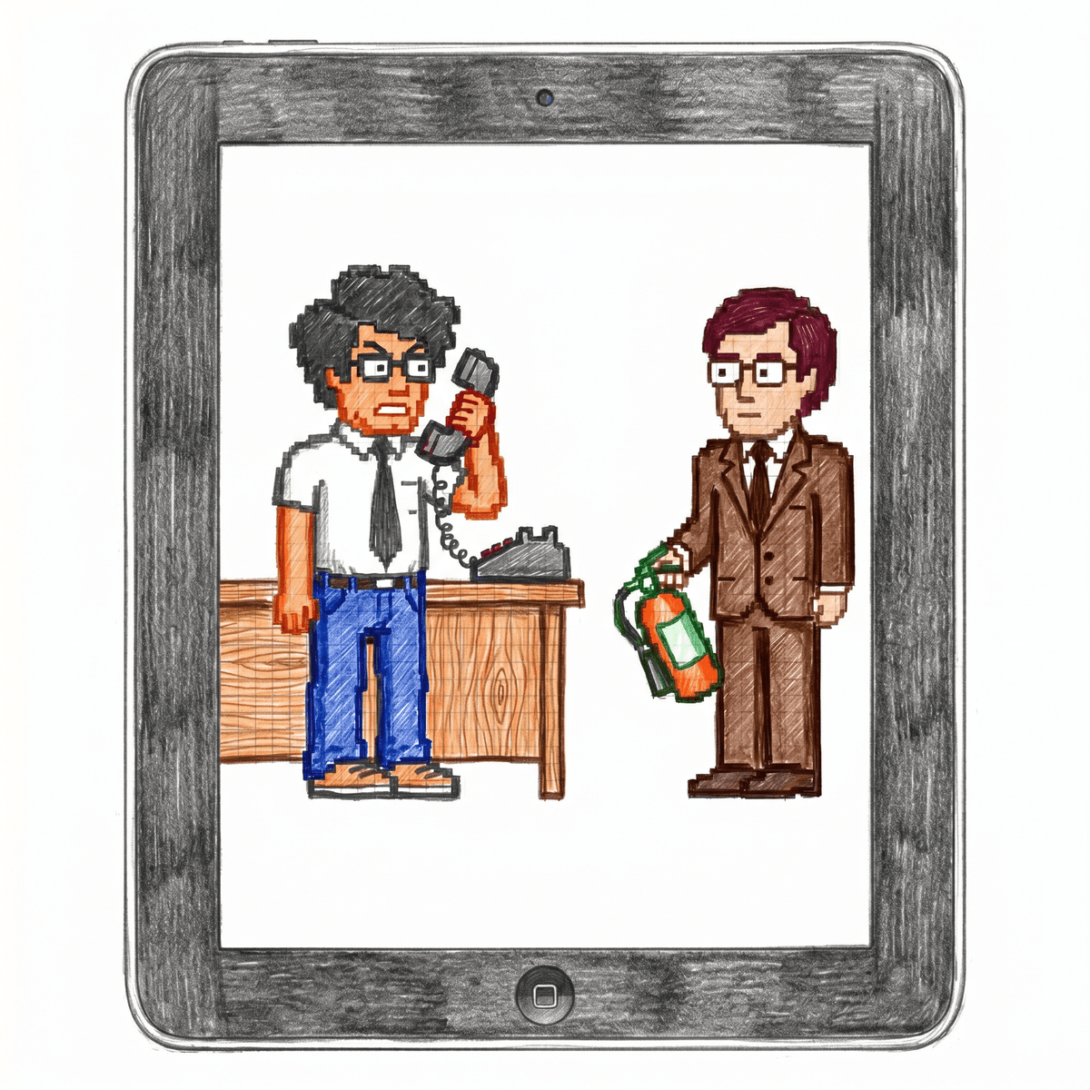An original iPad showing Roy and Moss from The IT Crowd on its screen.