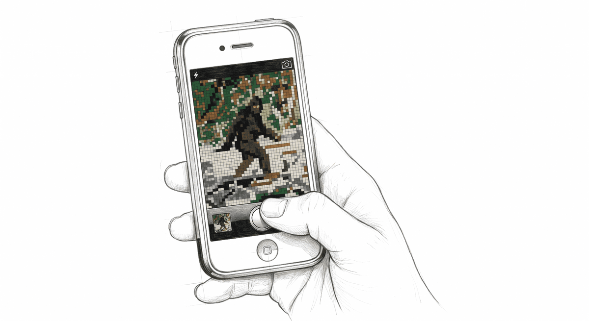 A thumb hovers over an iPhone shutter button; the screen shows the famous Bigfoot film frame, mid-stride, looking back.