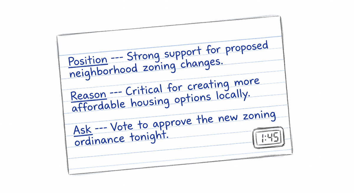 A notecard with a three-part public comment — Position, Reason, Ask — beside a timer reading 1:45.