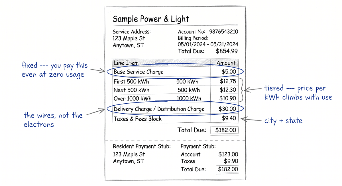 A utility bill with handwritten arrows pointing to key charges: base rate, usage tiers, delivery charges, taxes, and fees