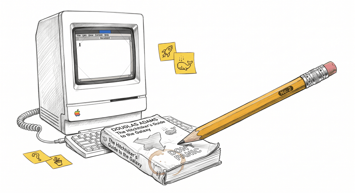 A blank word processor on a Mac Classic, a worn Hitchhiker's Guide paperback and a pencil resting in front of it.